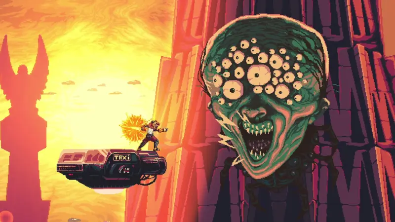 Altered Alma gameplay: Alma firing from the roof of a hovering taxi at a giant many-eyed creature, against an orange Neo-Barcelona sunset