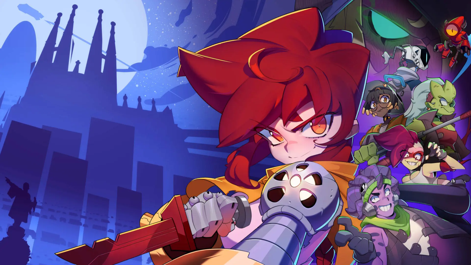 Altered Alma key art: Alma with a mechanical blade against a blue Sagrada Familia skyline, the supporting cast gathered behind her