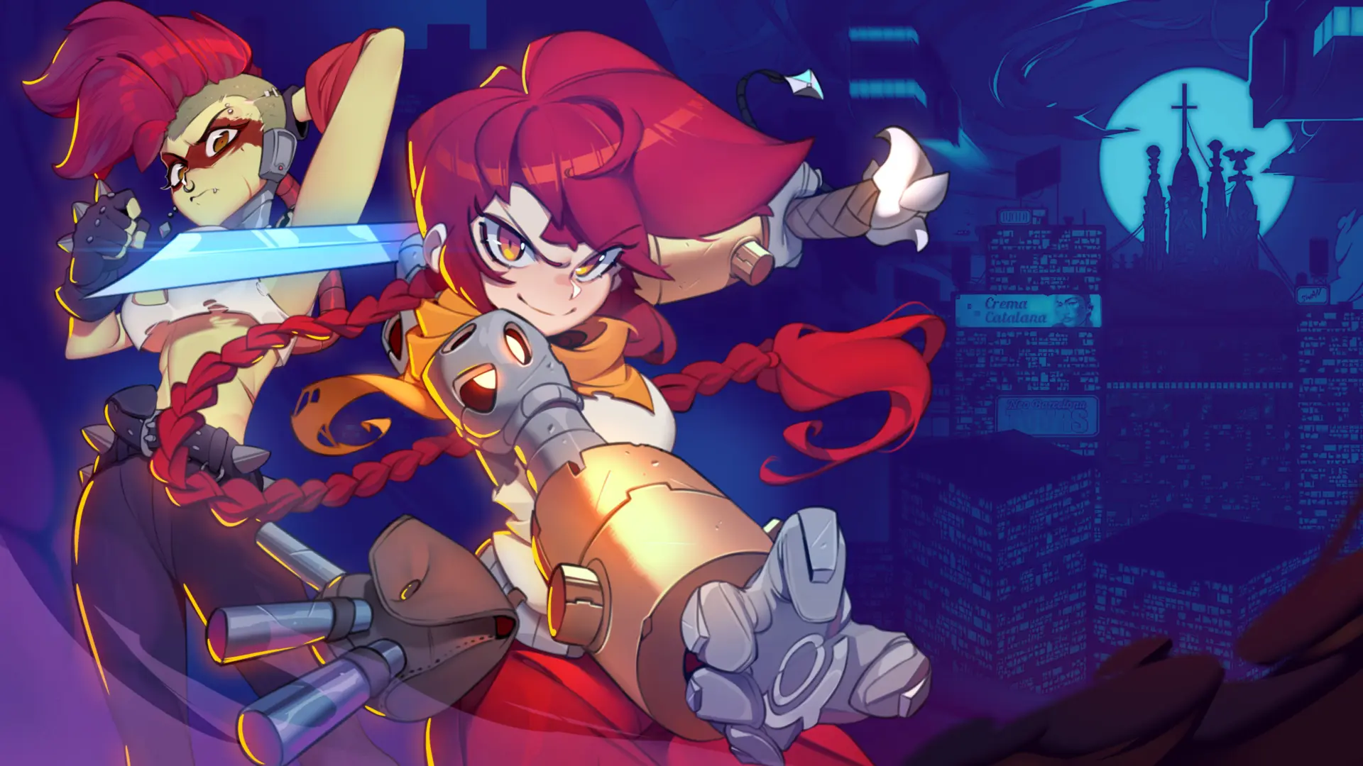 Altered Alma artwork: Alma and an ally leaping with drawn blades over a night-time Neo-Barcelona skyline