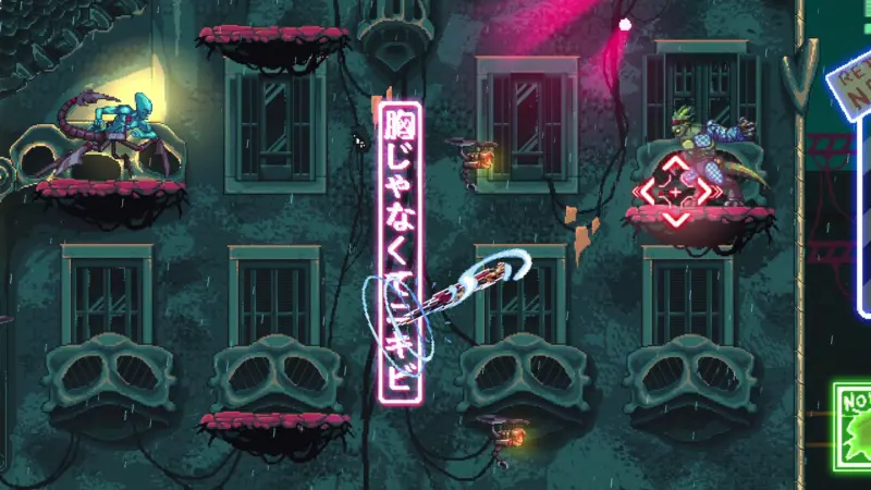 Altered Alma gameplay: Alma dashing up a rain-soaked apartment facade past enemies perched on overgrown balconies, lit by a pink neon sign