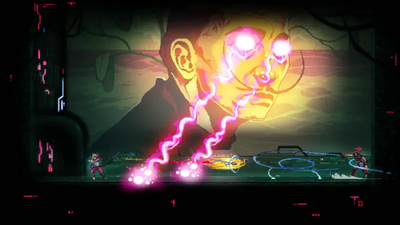 Altered Alma gameplay: a towering glowing face casting pink lightning down at two small figures on a dark cavern floor