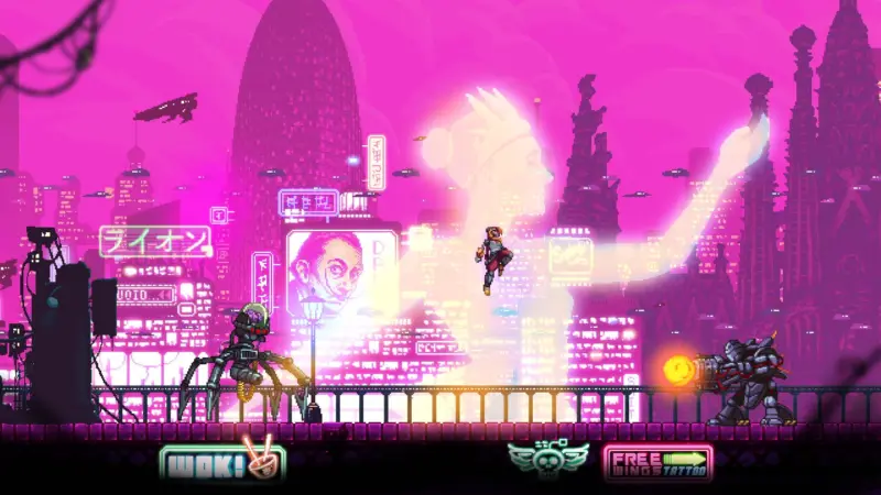 Altered Alma gameplay: Alma leaping between a spider-legged robot and an armoured mech on a bridge, above a pink-lit Barcelona skyline