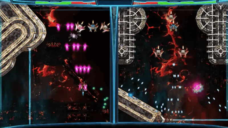 Dimension Drive gameplay: two battlefields side by side, both filled with enemy ships and pink bullet fire