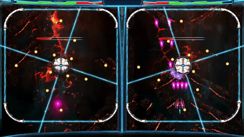 Dimension Drive gameplay: a ship weaving through blue laser fences across both halves of the splitscreen