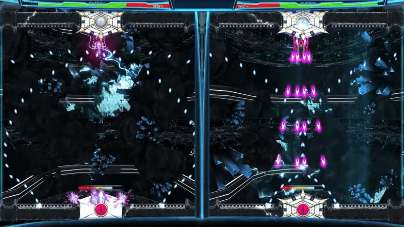 Dimension Drive gameplay: pink enemy fire raining down through icy crystal caverns on both battlefields