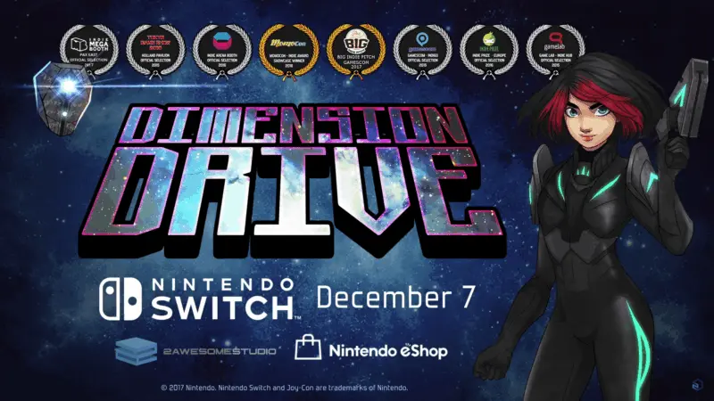 Dimension Drive key art: pilot Jack in a black flight suit beside the game logo, with festival award laurels above