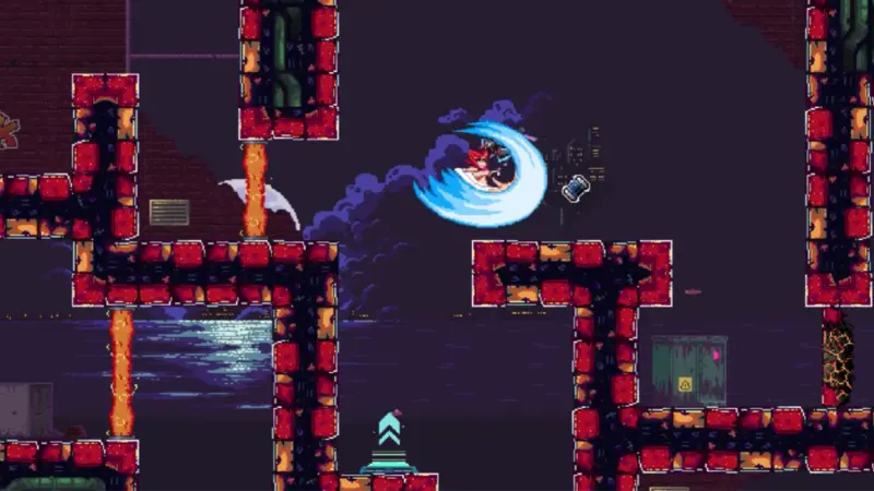 Aeon Drive gameplay: the player mid-dash in a blue arc through a vertical shaft of red blocks, with lava pouring down beside them