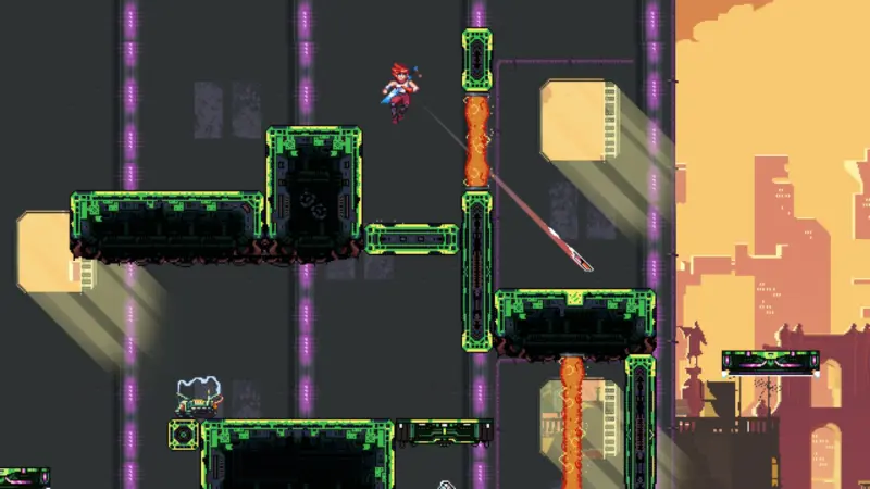 Aeon Drive gameplay: mid-air above green industrial platforms, a thrown blade streaking past columns of magenta light