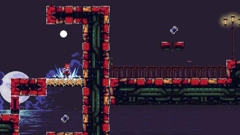 Aeon Drive gameplay: the player landing hard on a ledge in a burst of sparks, beside a bridge under a full moon