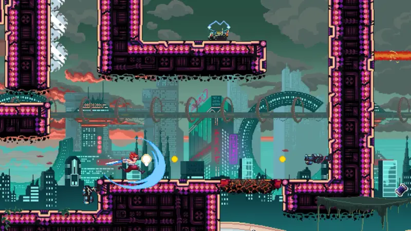 Aeon Drive gameplay: a dash across a teal and magenta platform maze suspended above a cyberpunk skyline