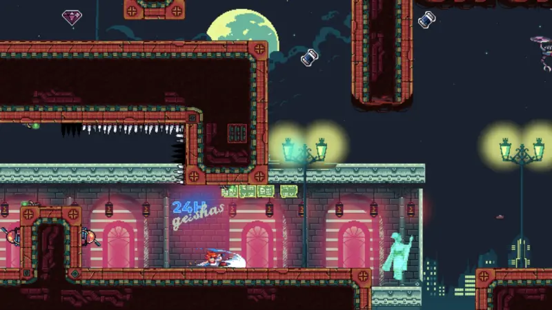 Aeon Drive gameplay: a low dash along a neon-lit street of pink shopfronts under a full moon